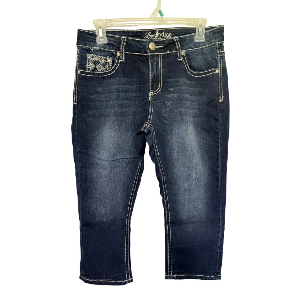 Love Indigo Premium Denim Capri Jeans Embroidered Pockets Womans 8